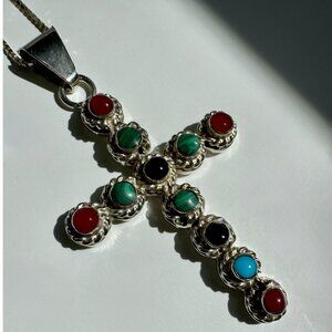 Sterling Silver 925 Vintage Southwestern Cross Pendant Cabochon Genuine Stones